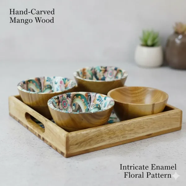 Handcrafted Wooden Serving Platter with 4 Floral Print Bowls
