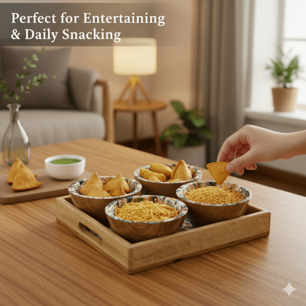 Handcrafted Wooden Serving Platter with 4 Floral Print Bowls