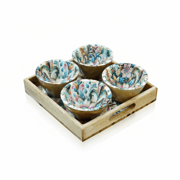Handcrafted Wooden Serving Platter with 4 Floral Print Bowls