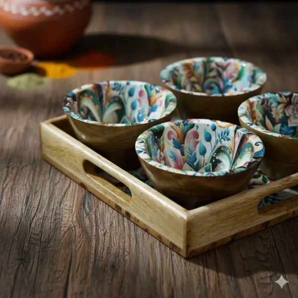 Handcrafted Wooden Serving Platter with 4 Floral Print Bowls