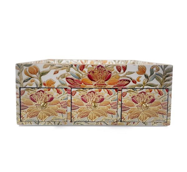 Handcrafted Royal Pattern Wooden Storage Box with 3 Drawers