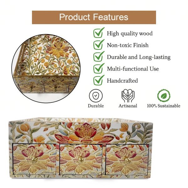 Handcrafted Royal Pattern Wooden Storage Box with 3 Drawers