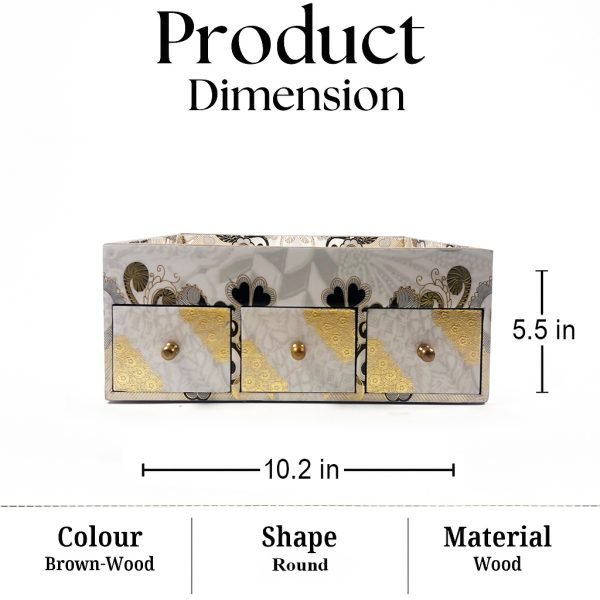 Royal Pattern Wooden Storage Box with 3 Drawers – Brown Wood