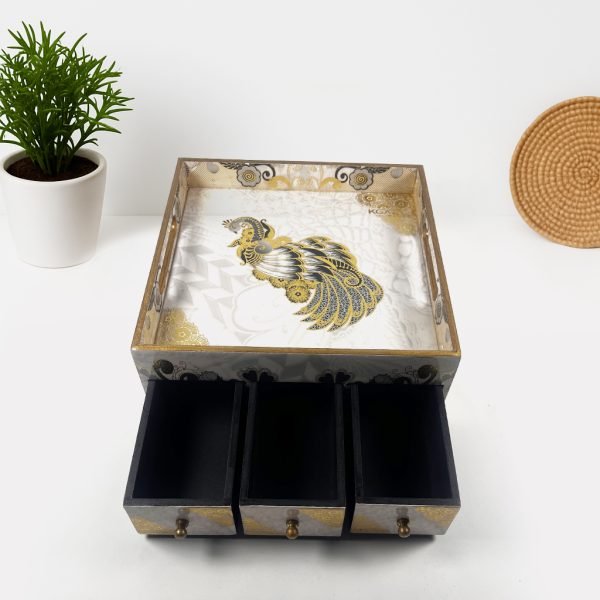 Royal Pattern Wooden Storage Box with 3 Drawers – Brown Wood