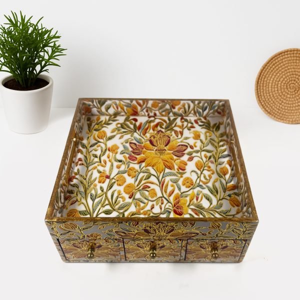Handcrafted Royal Pattern Wooden Storage Box with 3 Drawers