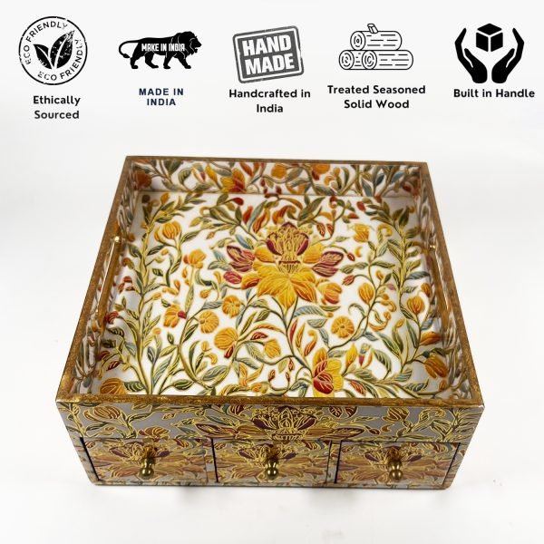 Handcrafted Royal Pattern Wooden Storage Box with 3 Drawers
