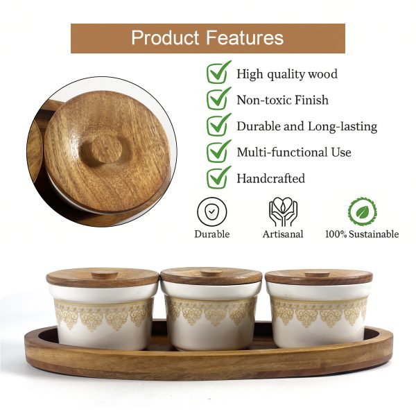 Ceramic Storage Jar Set with Wooden Lids and Tray