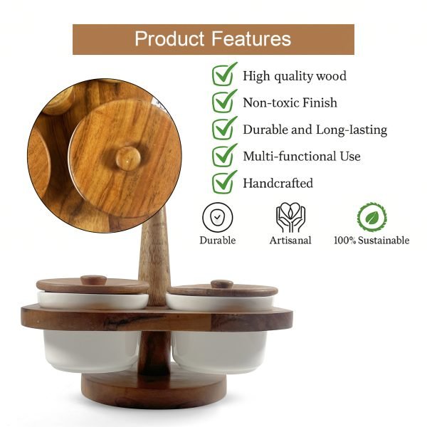 Ceramic Condiment Jar Set of 4 with Wooden Lids and Stand