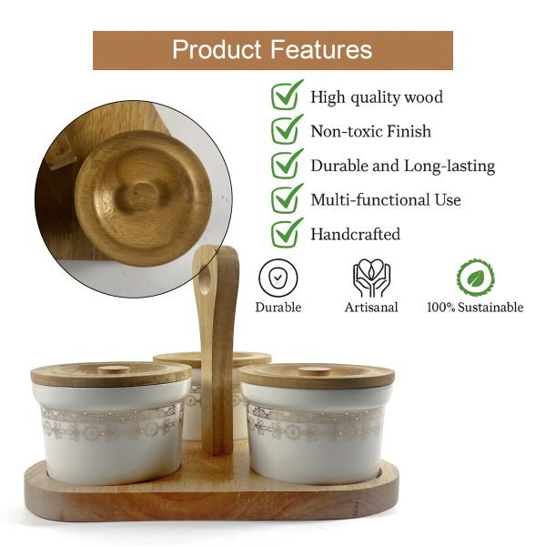 Set of 4 Ceramic Condiment Jars with Wooden Lids and Stand
