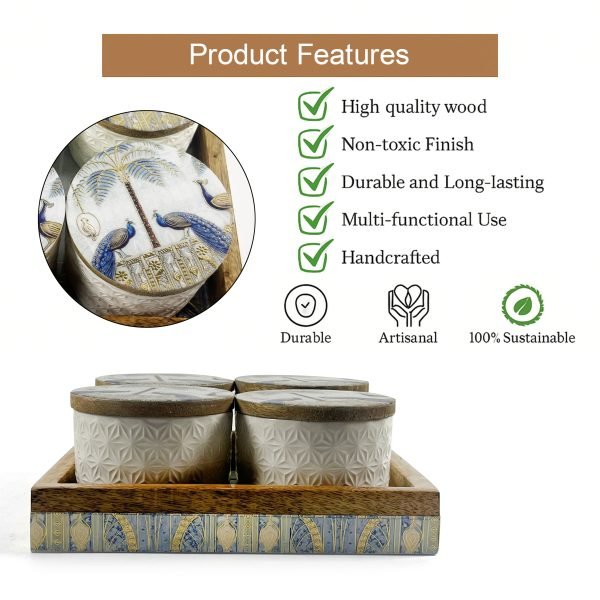 Decorative Peacock Storage Jars with Wooden Tray