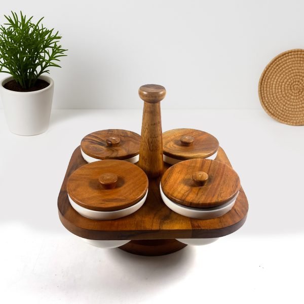 Ceramic Condiment Jar Set of 4 with Wooden Lids and Stand