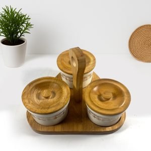 Set of 4 Ceramic Condiment Jars with Wooden Lids and Stand