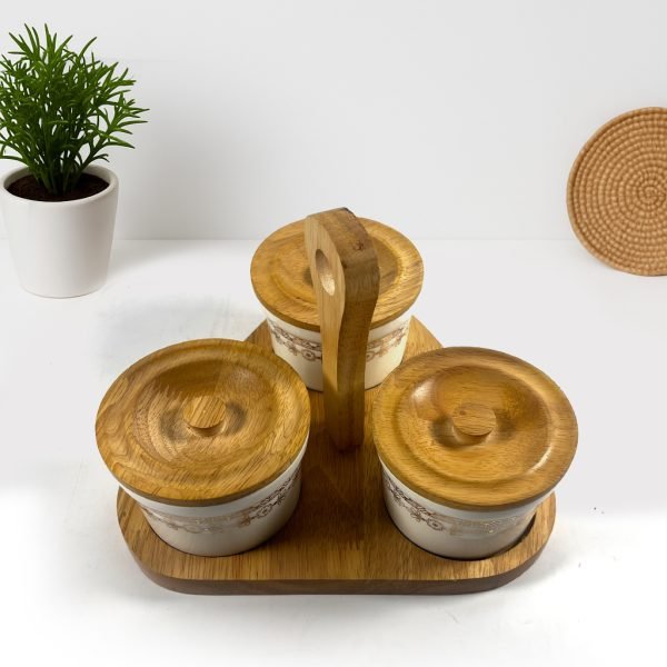 Set of 4 Ceramic Condiment Jars with Wooden Lids and Stand