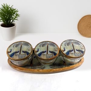 Peacock Design Glass Jar Set with Wooden Lids and Tray