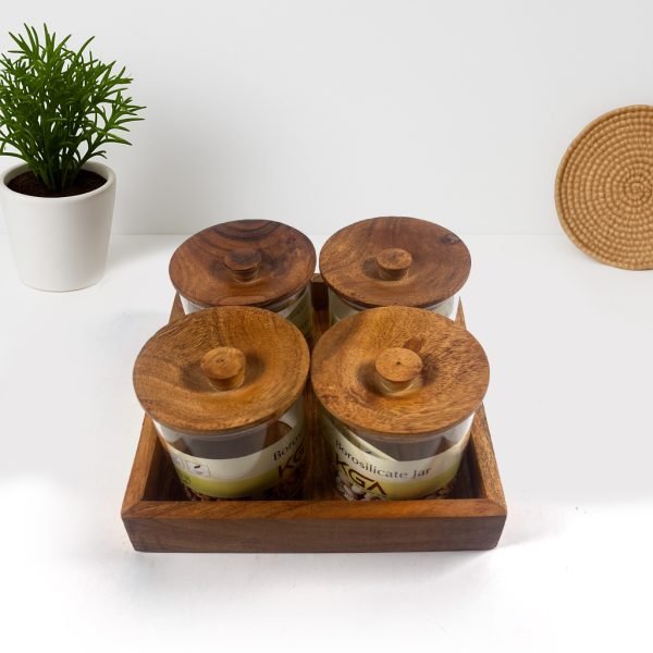 4-Piece Kitchen Glass Jar Set with Wooden Lids and Tray