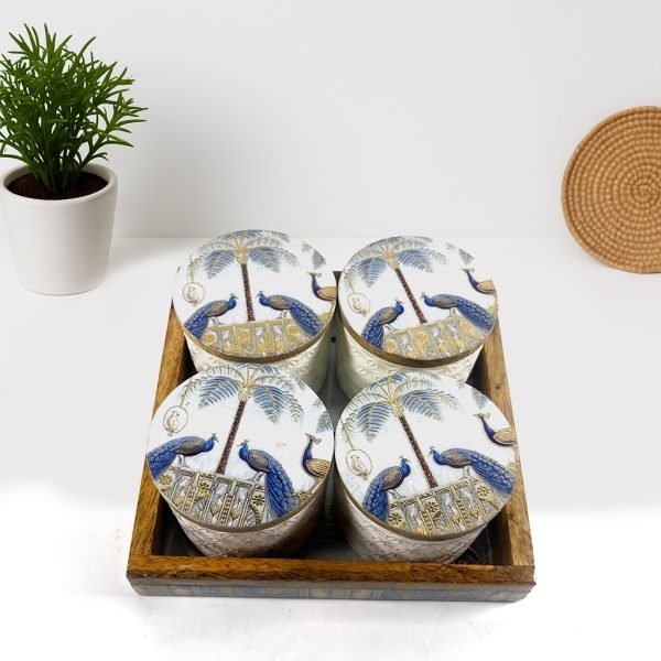 Decorative Peacock Storage Jars with Wooden Tray