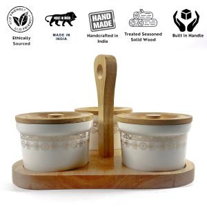 Ceramic Condiment Jars with Wooden Lids and Stand