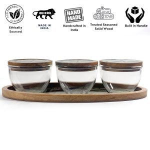 Peacock Design Glass Jar Set with Wooden Lids and Tray