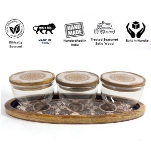 Glass Storage Jar Set of 3 with Wooden Lids and Tray