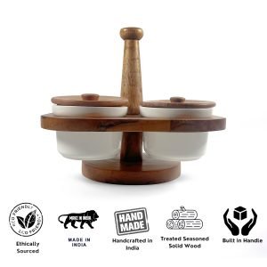 Ceramic Condiment Jar Set of 4 with Wooden Lids and Stand