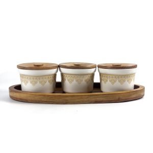 Ceramic Storage Jar Set with Wooden Lids and Tray