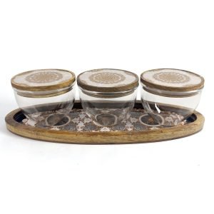 Glass Storage Jar Set of 3 with Wooden Lids and Tray: