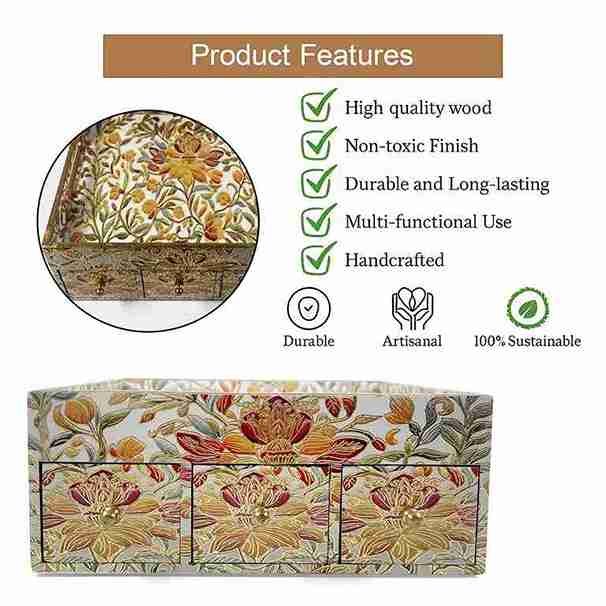 Handcrafted Royal Wooden Storage Box-3 Drawer-Floral (Set of 1)