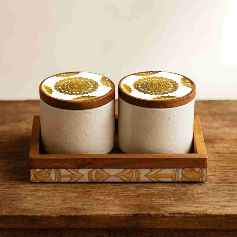 Ceramic Jar Set-2 Pieces Speckled Ivory-Wood Lid (Set of 1)