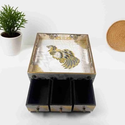 Royal Pattern Wooden Storage Box with 3 Drawers – Brown Wood