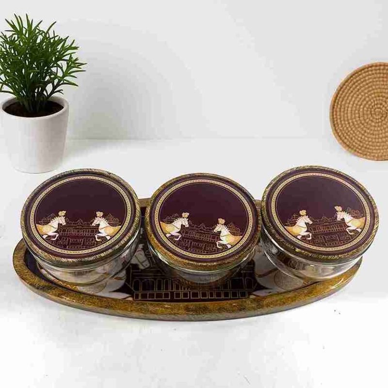 Royal Glass Jars 3 Pieces with Wooden Tray (Set of 1)