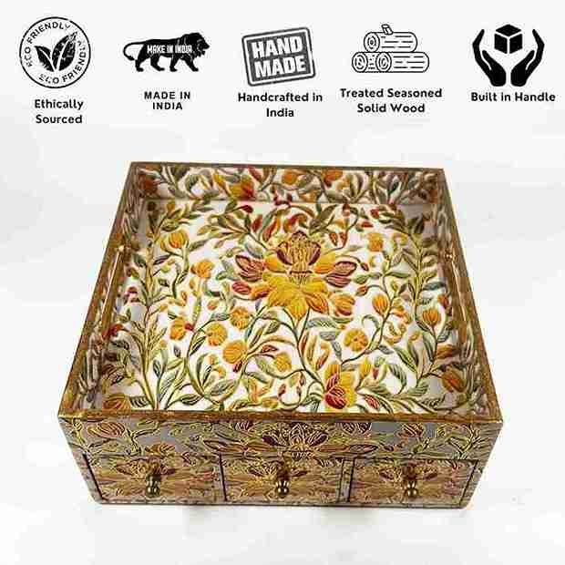Handcrafted Royal Wooden Storage Box-3 Drawer-Floral (Set of 1)