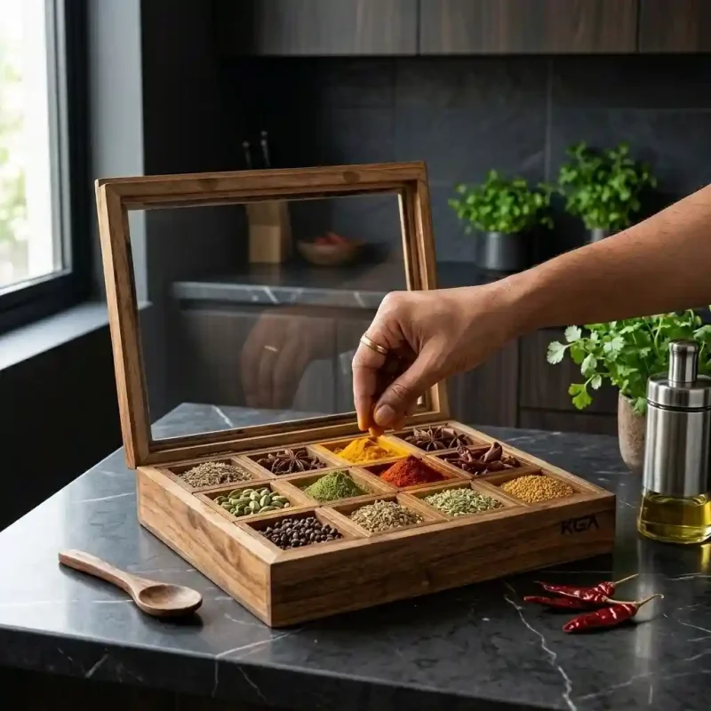 Stunning Artisan Wooden Masala Box 12 Compartment Large