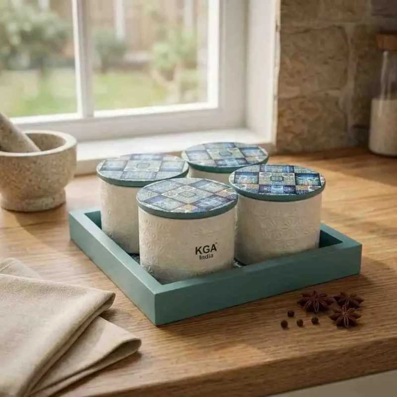 Blue & White Patterned Container-4 Pieces (Set of 1)