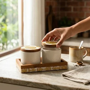 Ceramic Jar 2 Pieces Speckled Ivory Wood Lid