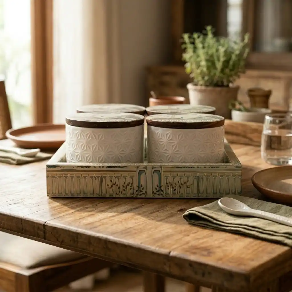 Beautiful Condiment Jar Set 4 Pieces With Tray And Lids