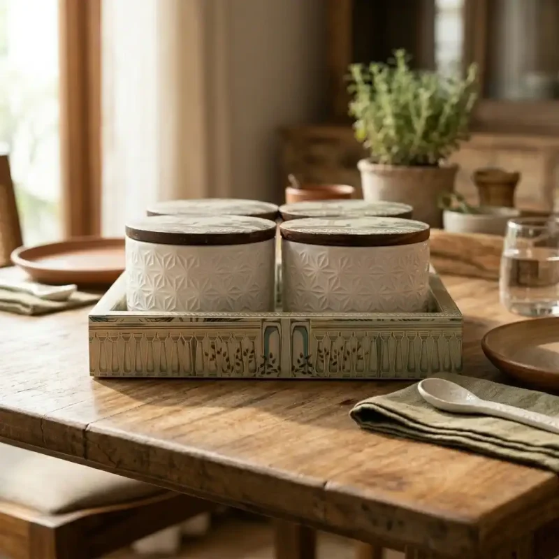 Condiment 4 Pcs Jar Set with Tray- And Lids (Set of 1)