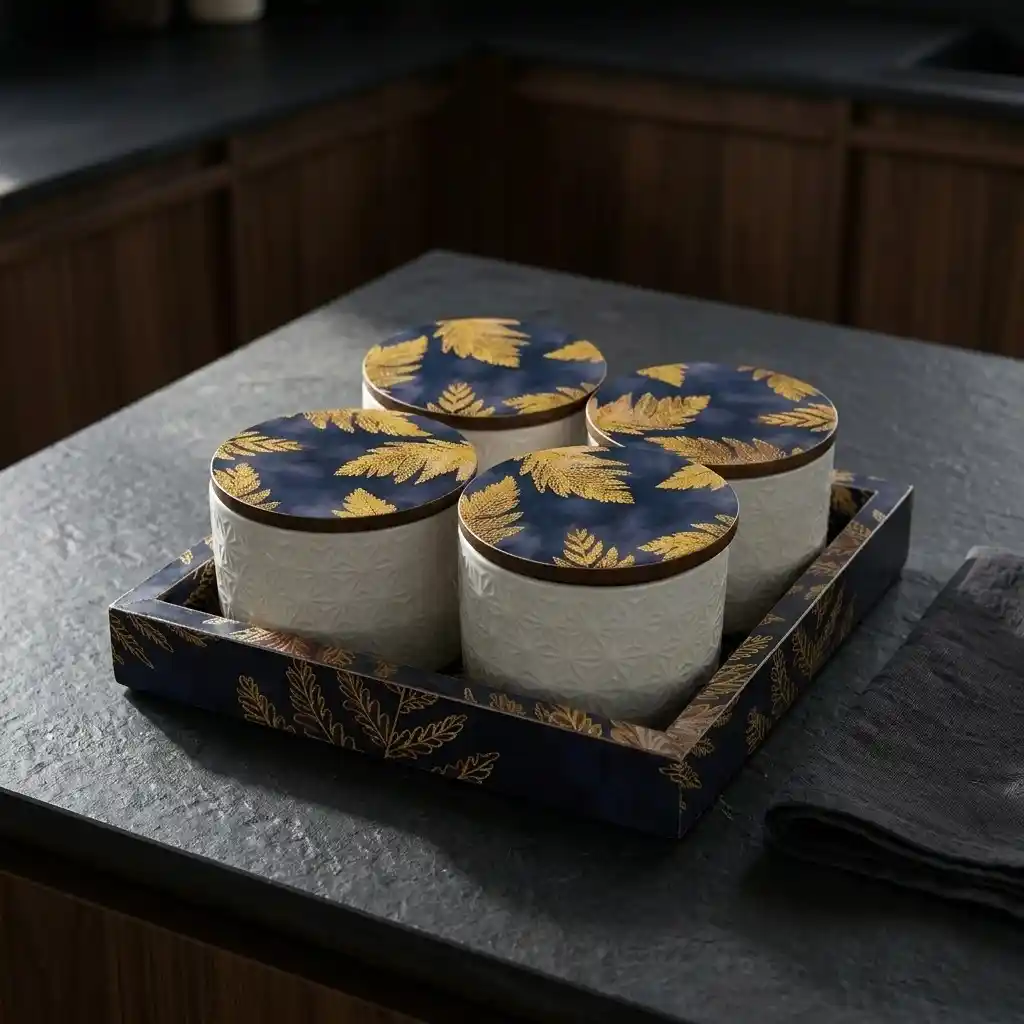 Beautiful Condiment Set 4 Jars With Lids And Tray Set