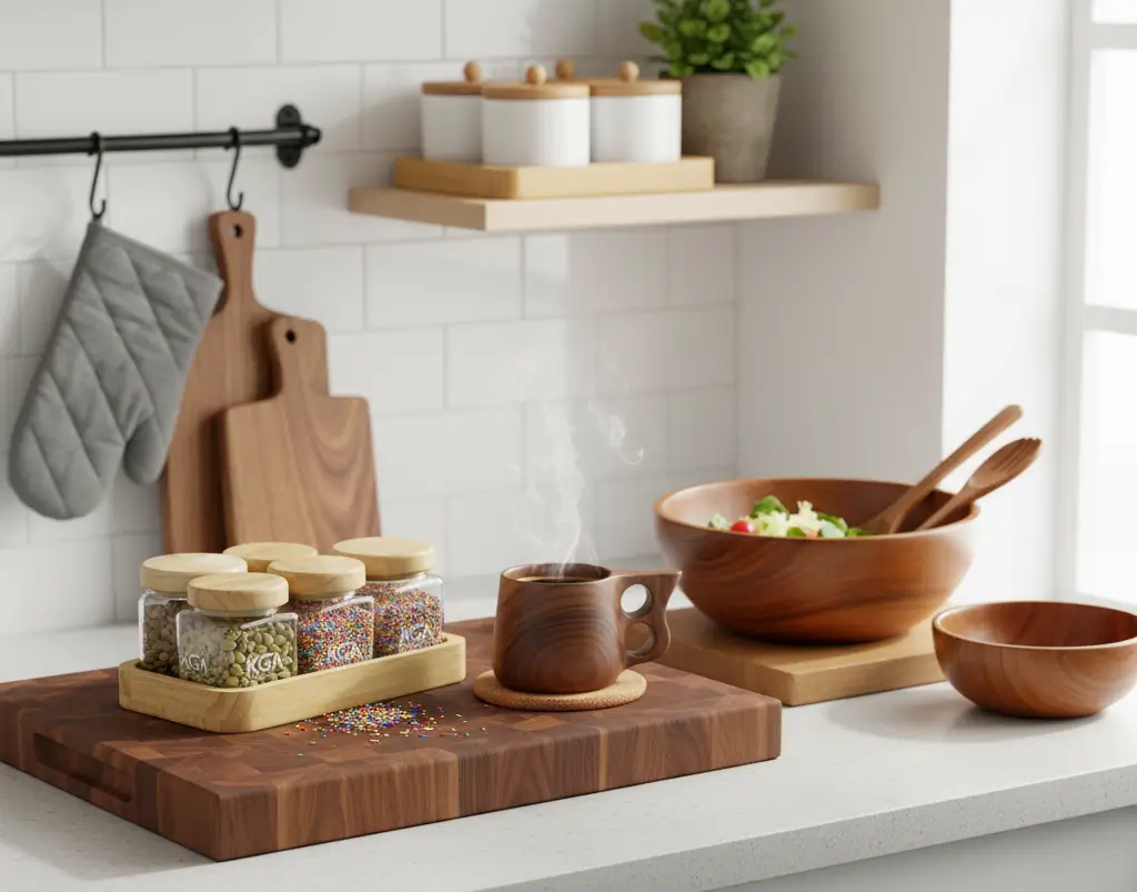 wooden crockery on kitchen table