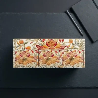 Handcrafted Royal Wooden Storage Box – 3 Drawer – Floral (Set of 1)