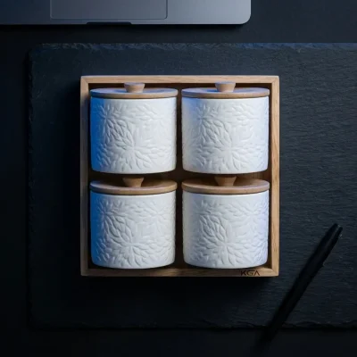 Imperio Ceramic Storage 4 Jar-with Art Wooden Lid (Set of 1)