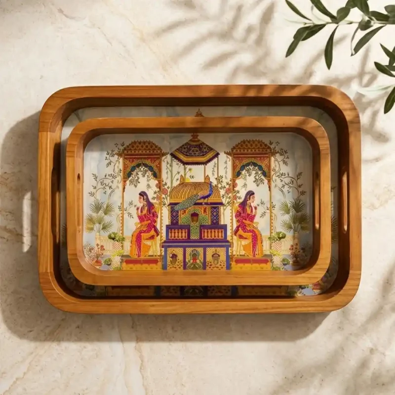 Multipurpose Wooden 2 Pieces Tray-Rectangle Serving (Set of 1)