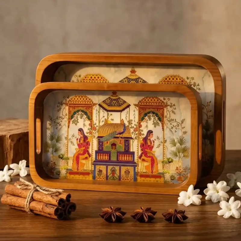 Multipurpose Wooden 2 Pieces Tray-Rectangle Serving (Set of 1)