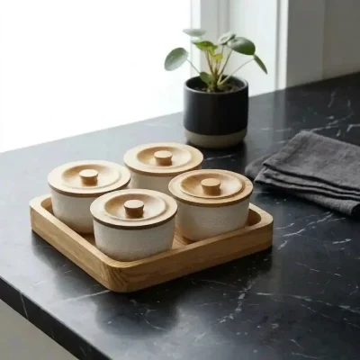 Revolving Luxury Spice 4 Jars – with Wooden Tray – Kitchen (Set of 1)