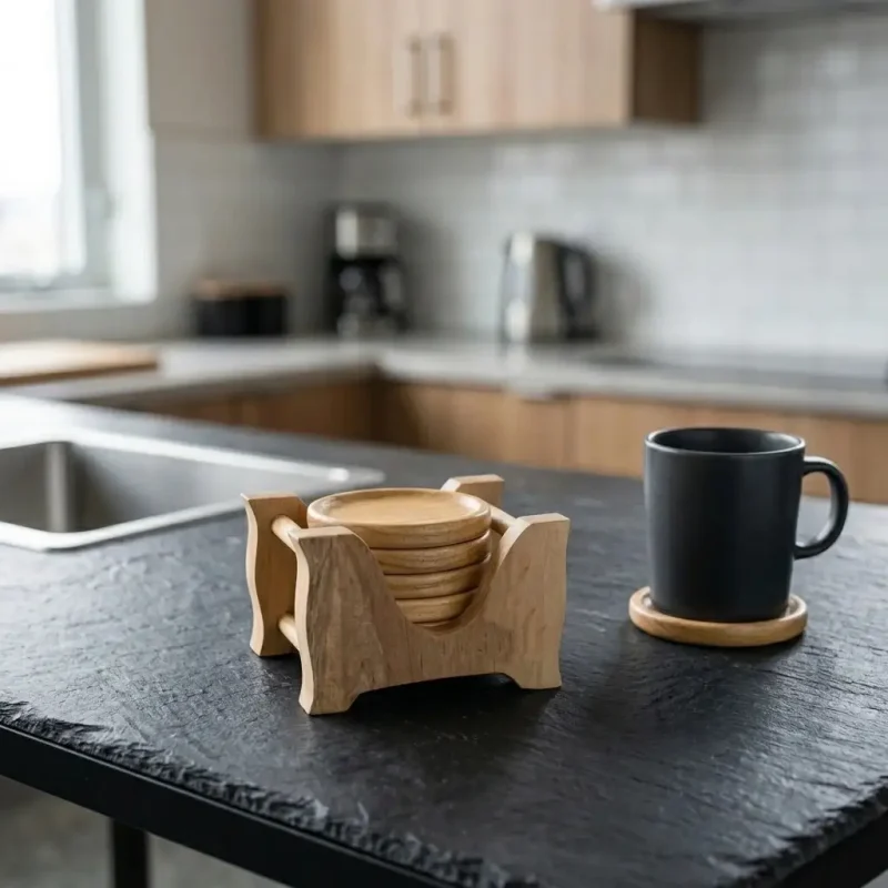 Round Wooden Coaster Set - 6 Pcs (Set of 1)