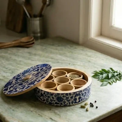 Traditional Wooden Masala Box – 7 Bowls Set (Set of 1)