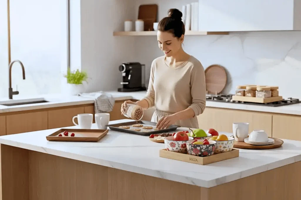 woman baking cookies on kga wooden crockery in kitchen