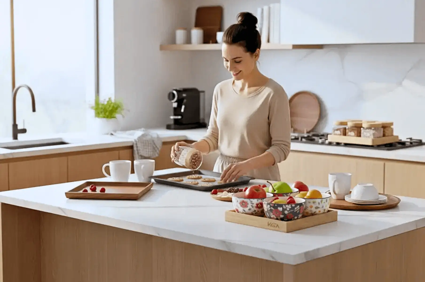 woman baking cookies on kga wooden crockery in kitchen