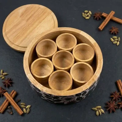 Wooden Masala Box – 7 Small Bowls – Spice Organizer (Set of 1)