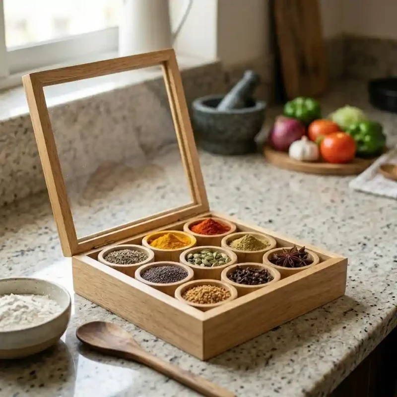 Wooden Masala Box-9 Compartment-Handcrafted (Set of 1)