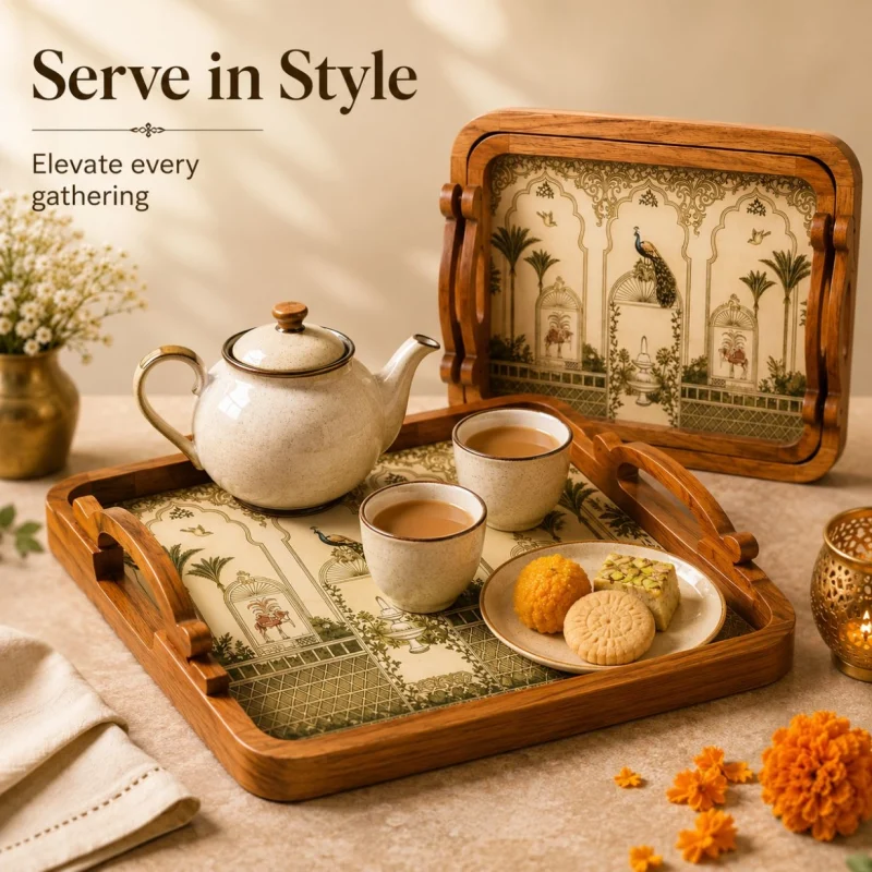 Elegant Palm Printed Serving Tray Set | Large & Medium (2-Piece)